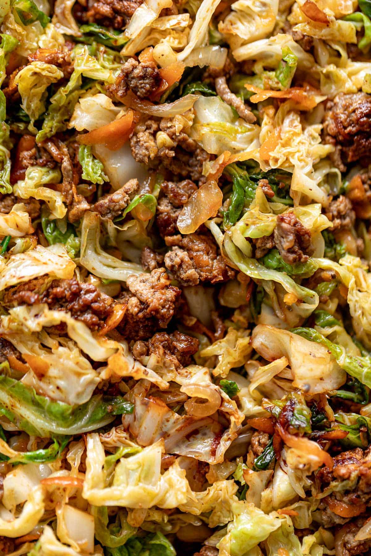 A close up image of Ground Beef Cabbage Stir Fry.
