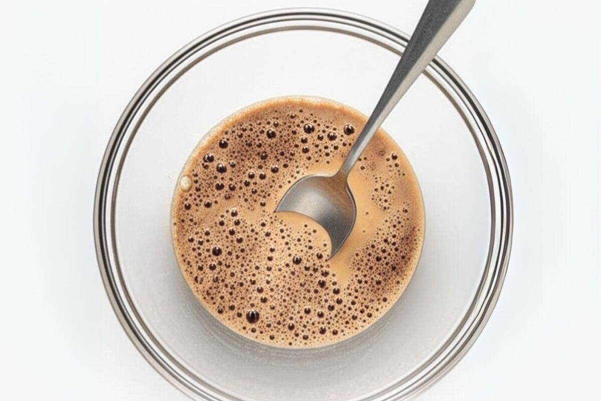 in a medium bowl, add instant coffee, sugar and boiling water