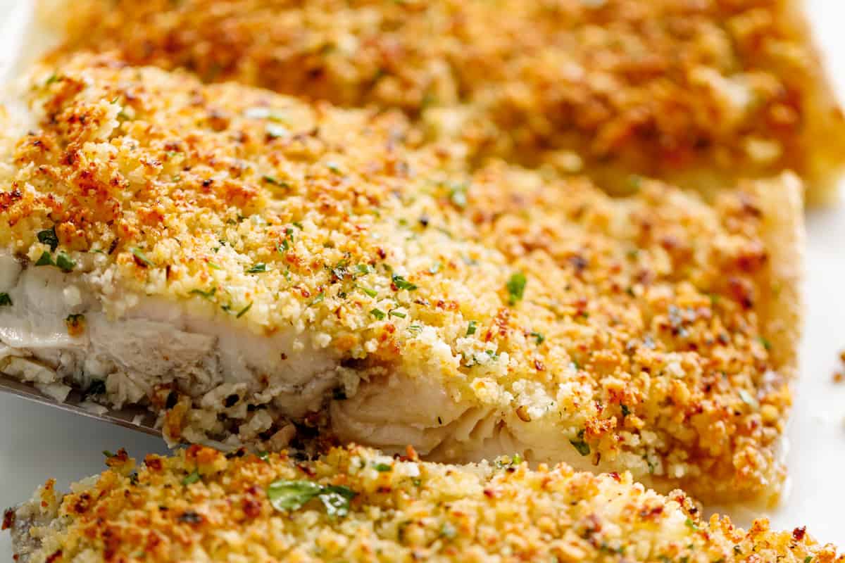 Close up image from inside the Garlic Parmesan Crumbed Fish.