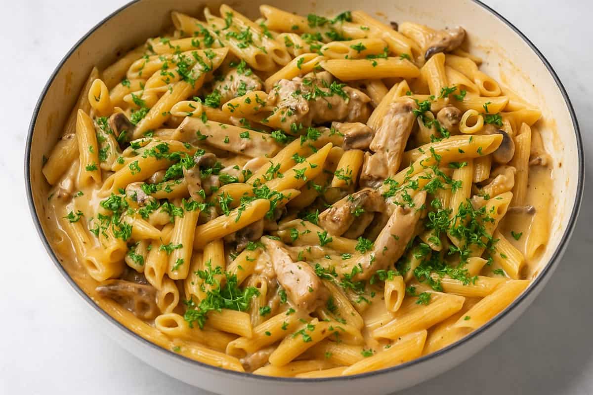 Creamy mushroom chicken pasta with parsley