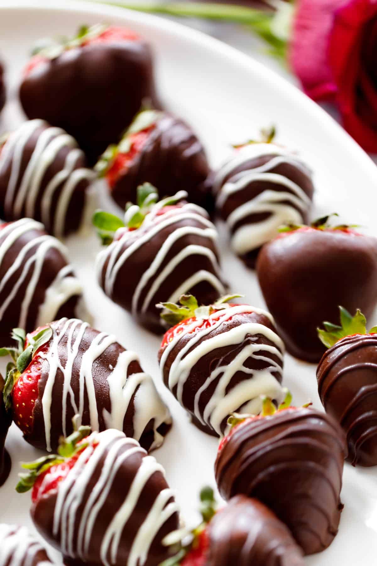 A white plate full of wine infused chocolate coated 
strawberries. A rose sits behind the plate for romantic decoration.