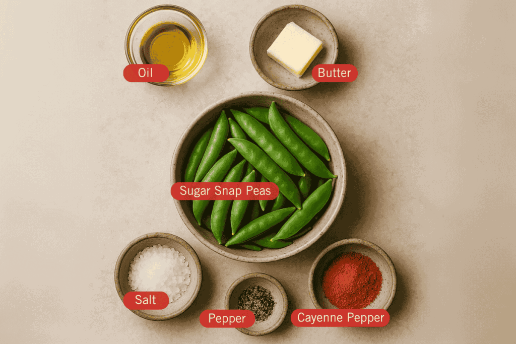 Labeled flatlay image of ingredients for sautéed sugar snap peas. A central bowl contains fresh sugar snap peas, surrounded by smaller bowls of olive oil (top left), butter (top right), salt (bottom left), black pepper (bottom center), and cayenne pepper (bottom right). Each ingredient is clearly labeled with red tags.