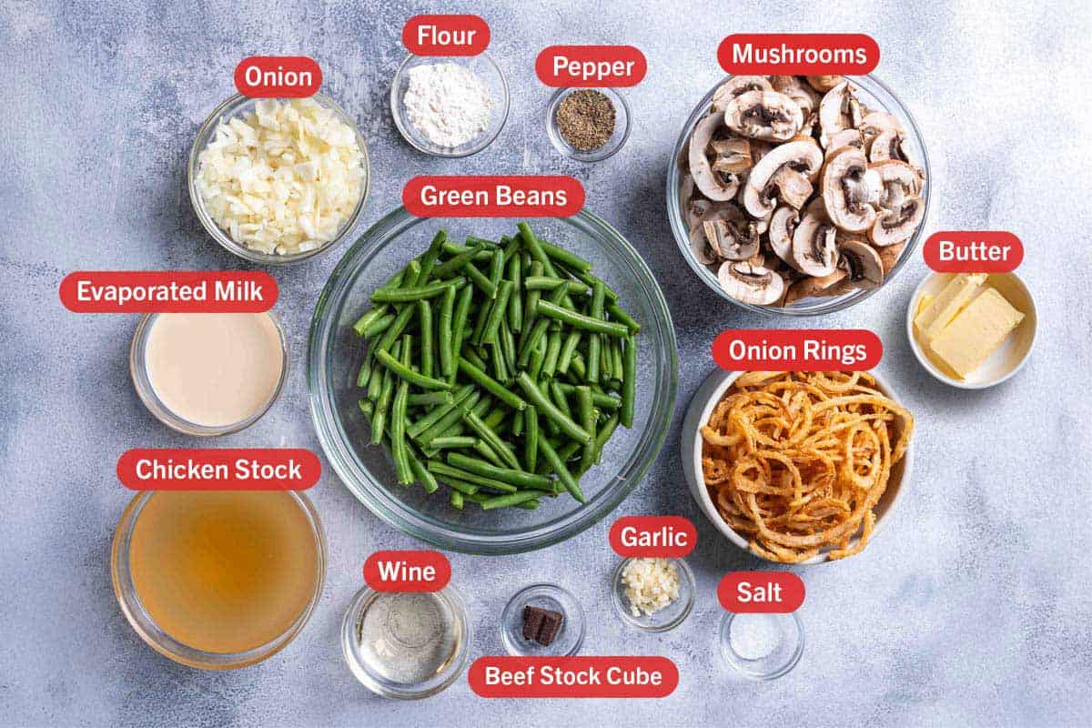 onion, flour, pepper, mushrooms, evaporated milk, green beans, onion rings, butter, chicken stock, wine, beef stock cube, garlic, salt