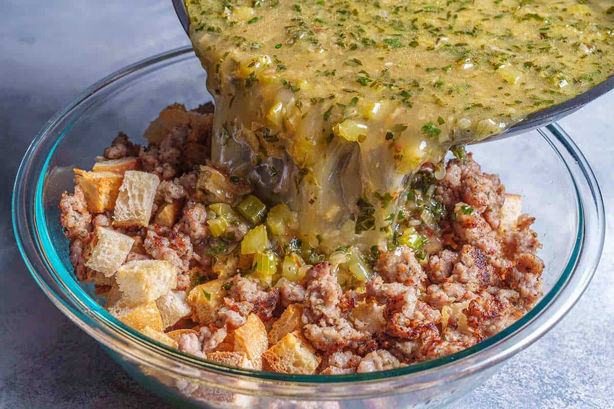 mixing bread sausage and vegetables
