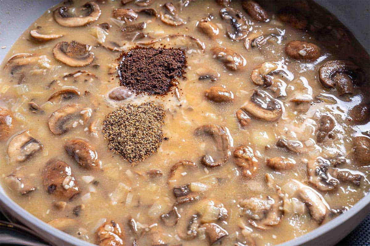 salt, pepper and crumbled beef stock cube inside the mushroom soup
