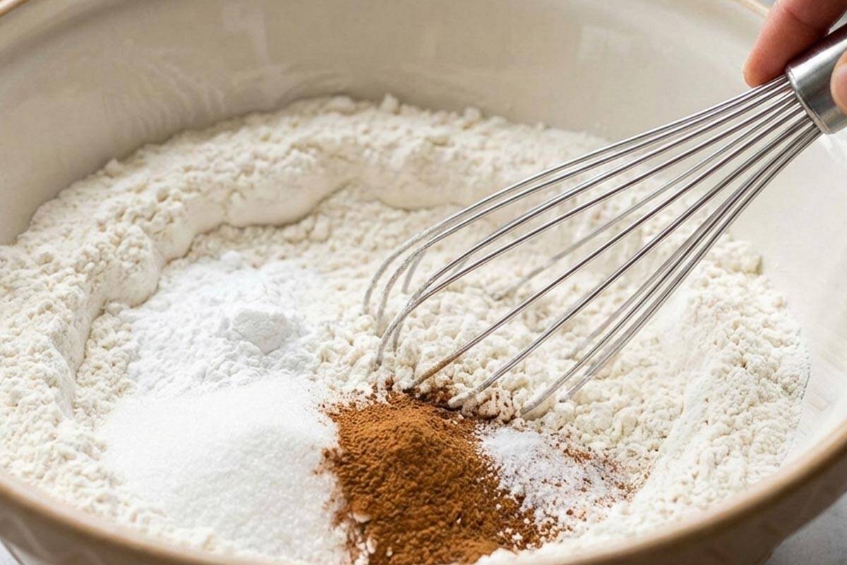 Mixing the flour, baking powder, sugar, cinnamon, and salt in a large mixing bowl.