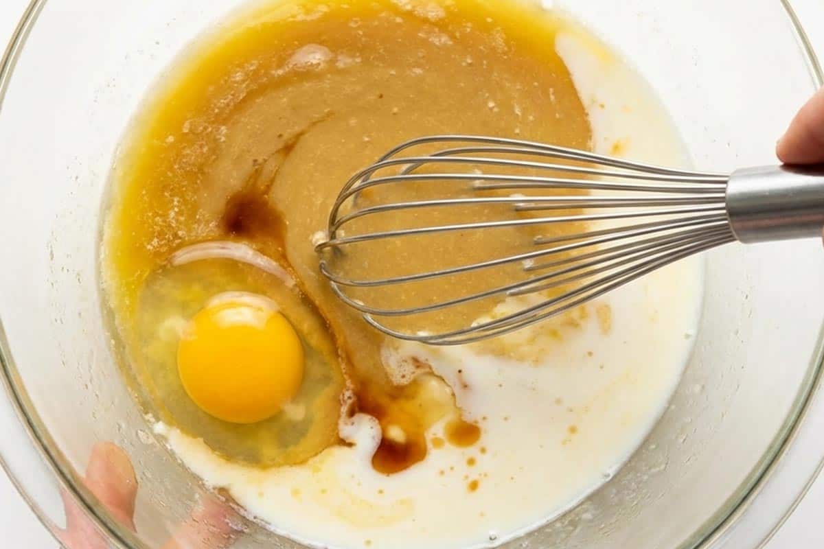 Whisking together the melted butter, egg, vanilla, and milk in a separate bowl.