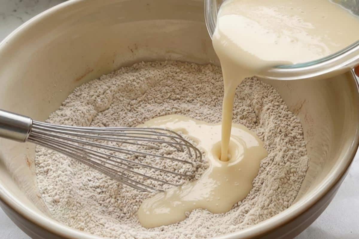 Pouring wet mixture into the dry ingredients.