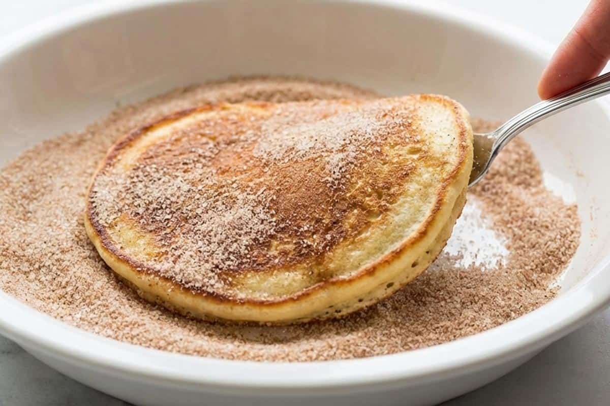 Placed the hot pancake into a dish of cinnamon sugar and coat it evenly.