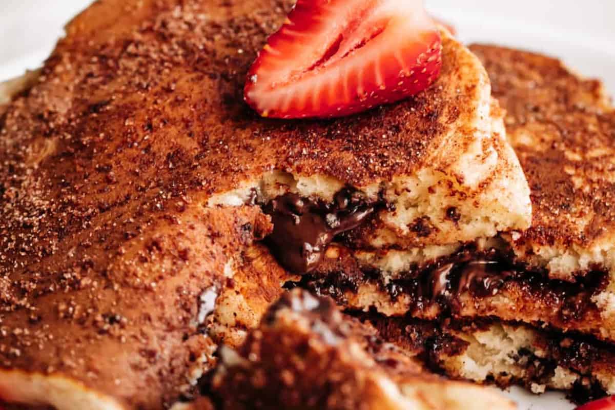 Close-up shot of Chocolate Churro Pancakes.