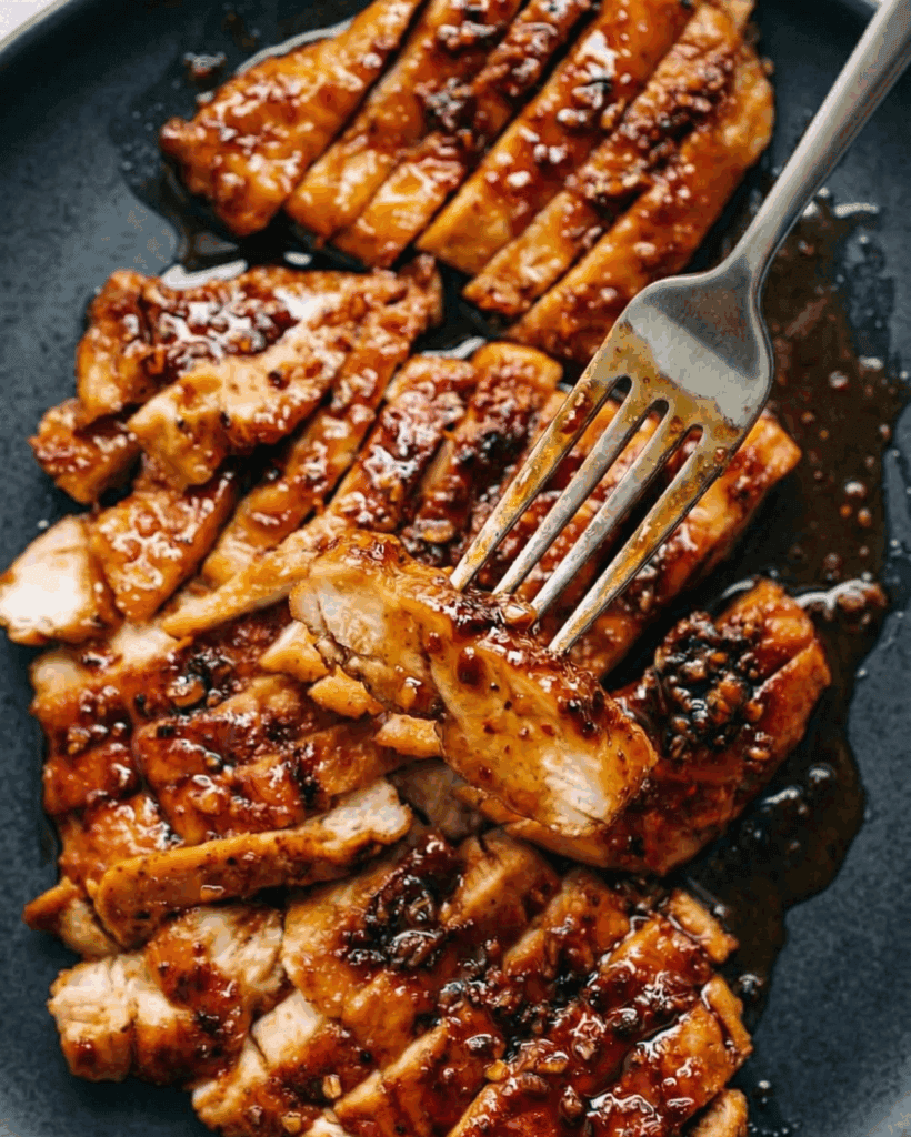 chicken breast cooked in a sticky brown sauce cut into strips on a black plate with a sticky sauce covered fork lifting a piece of chicken to the camera