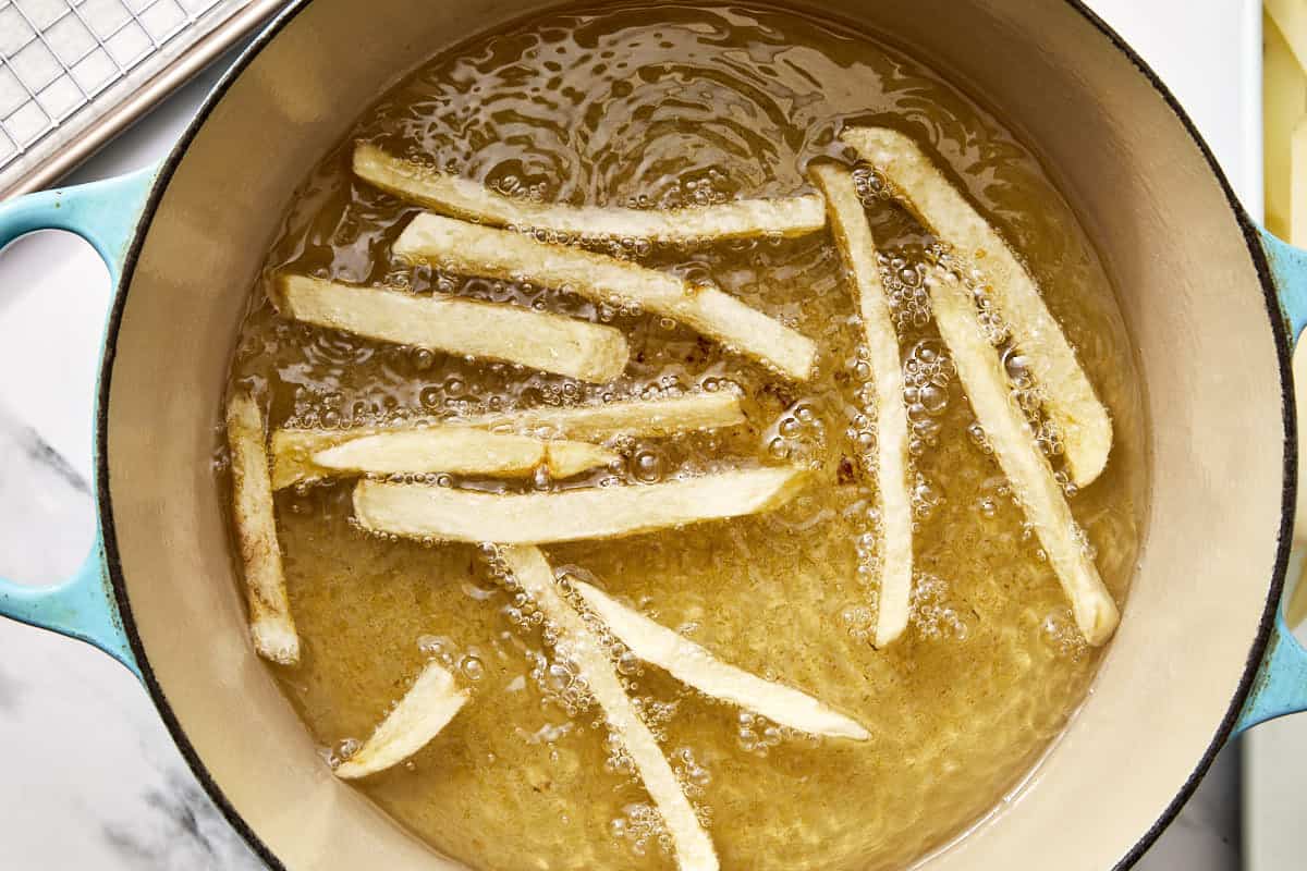 uncooked fried in bubbling oil