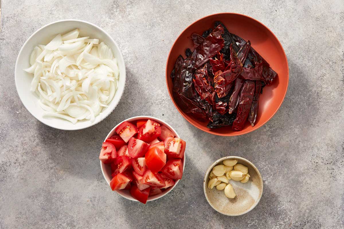 Bowls of prepped ingredients.