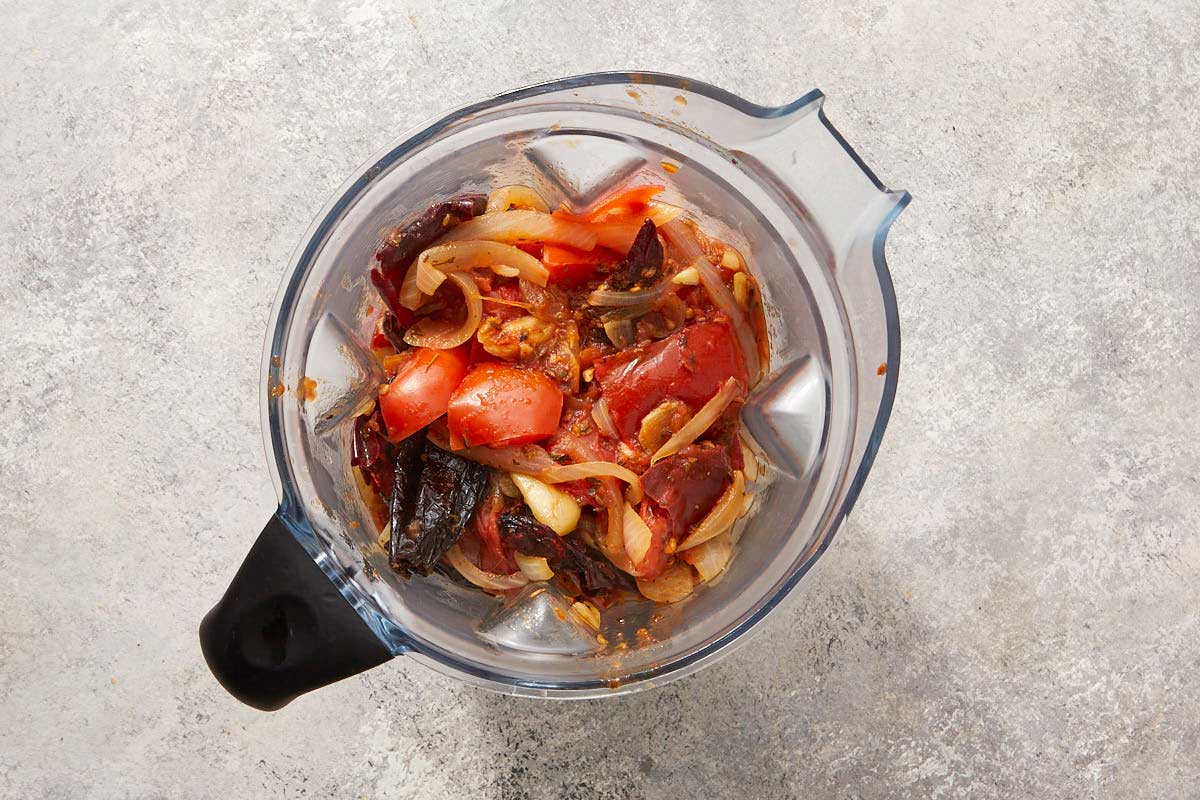 Blender with cooked ingredients
