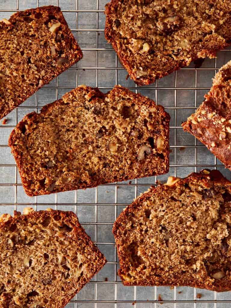 a top down view of slices of banana bread resting on top of a tray