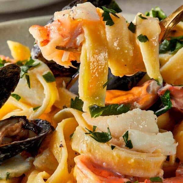 a side view of pasta and sauce and a fork holding the seafood