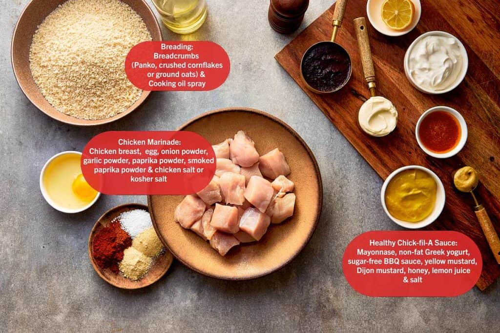 a top down view of all the ingredients needed to make healthy chicken nuggets with sauce.