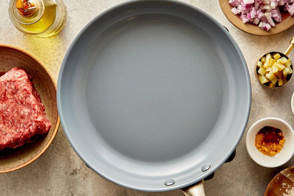 A top down view of a empty pan grey in color