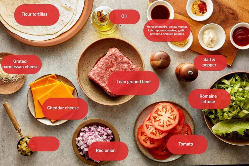 a top down view of all the ingredients needed to make big mac cheeseburger wraps