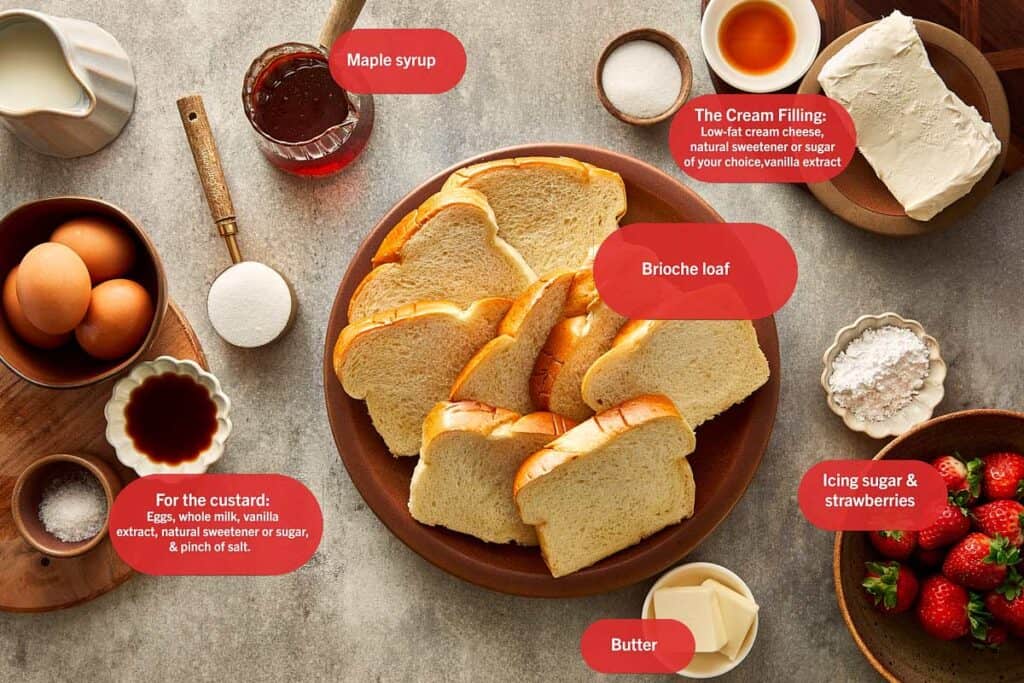 a top down view of all the ingredients needed to make the french toast starring sliced of brioche loaf in the middle.