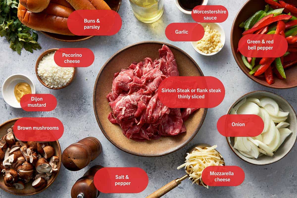 Ingredients for one pan Philly cheesesteak including thinly sliced sirloin steak, bell peppers, onion, mushrooms, garlic, Worcestershire sauce, Dijon mustard, mozzarella and pecorino cheese, salt, pepper, parsley, and soft sandwich buns arranged on a light surface.