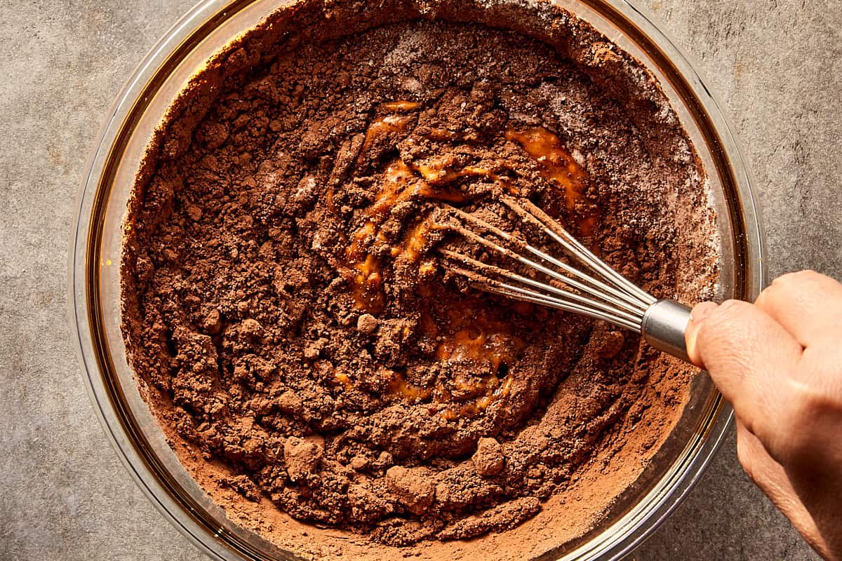 Dry ingredients for the sweet potato brownies being mixed
