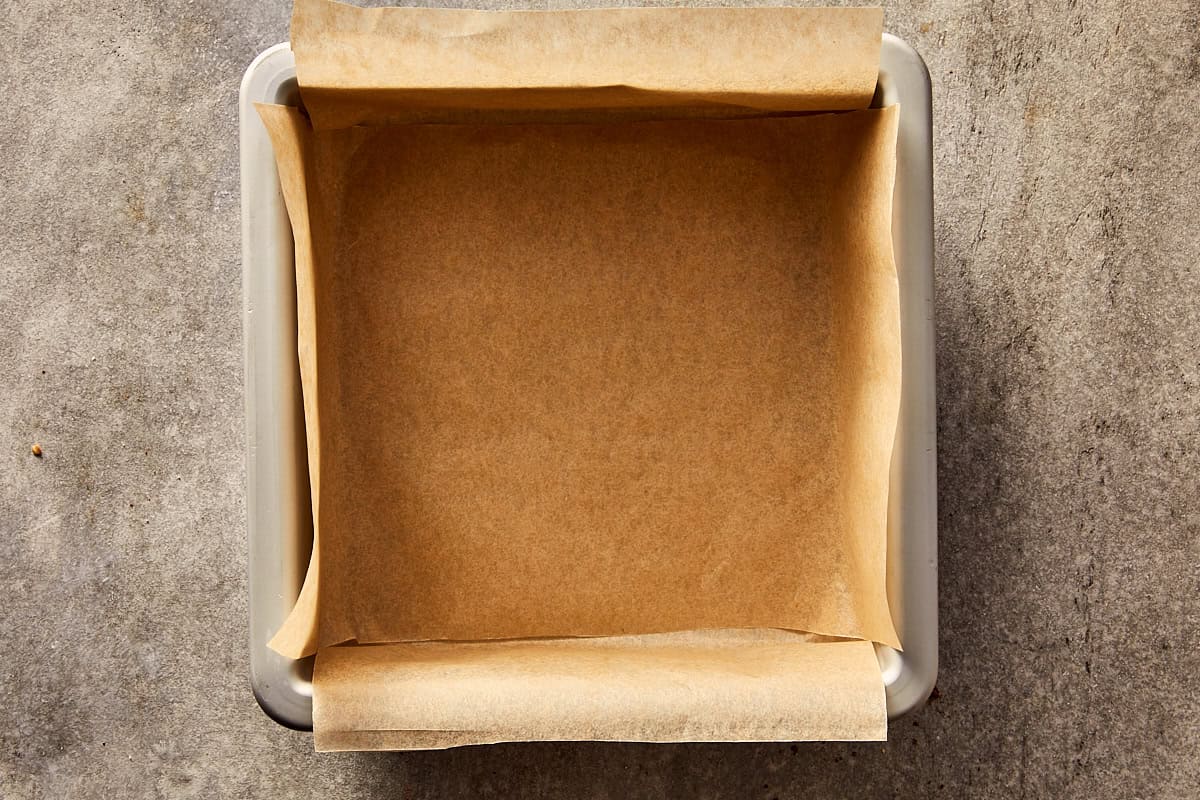 overview top of 6x6inch square pan with parchment
