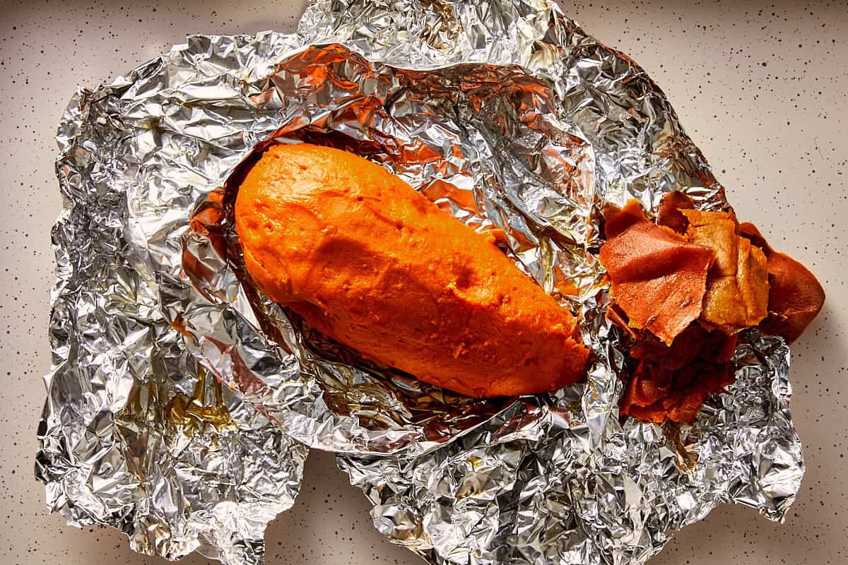 Top overview of peeled Sweet Potato after being roasted.