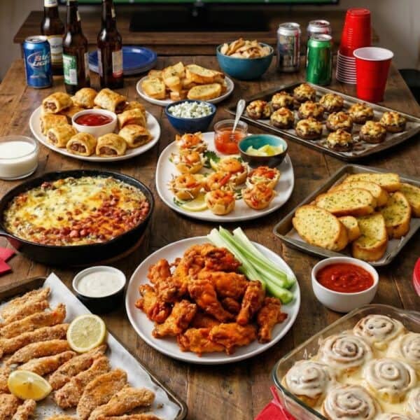 Game day table filled with delicious recipe ideas such as chicken wings, garlic bread, sausage rolls and chilli and a tv and beer bottles in the background