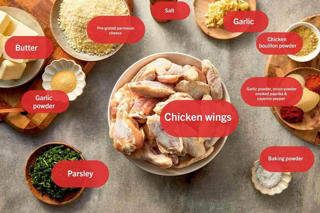Garlic parmesan chicken wings ingredients laid out on a table, including raw chicken wings, butter, pre-grated parmesan cheese, garlic cloves, garlic powder, onion powder, smoked paprika, cayenne pepper, chicken bouillon powder, salt, parsley, and baking powder