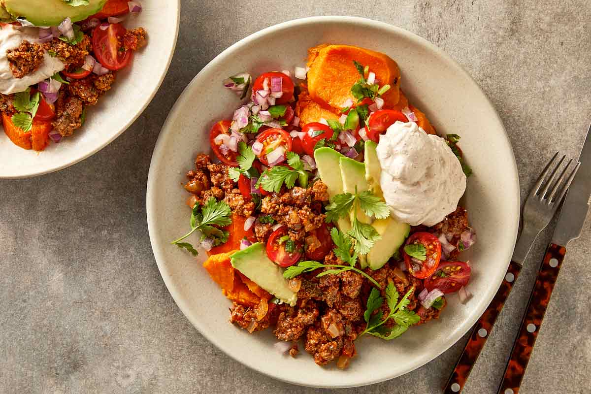 Top overview of sweet potato taco bowl ready to eat.
