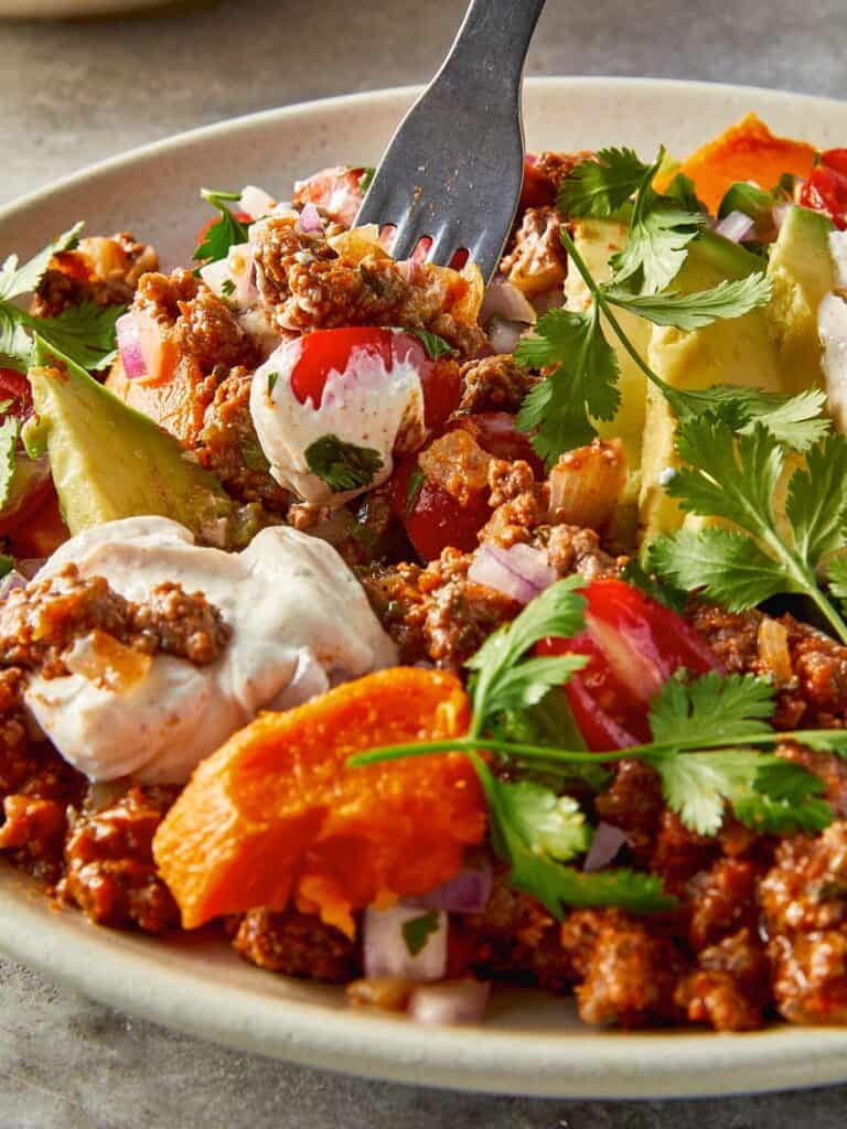close view of sweet potato taco bowl.