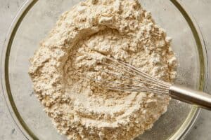 Bowl with flour, baking powder, sugar, salt, and baking soda | CafeDelites.com