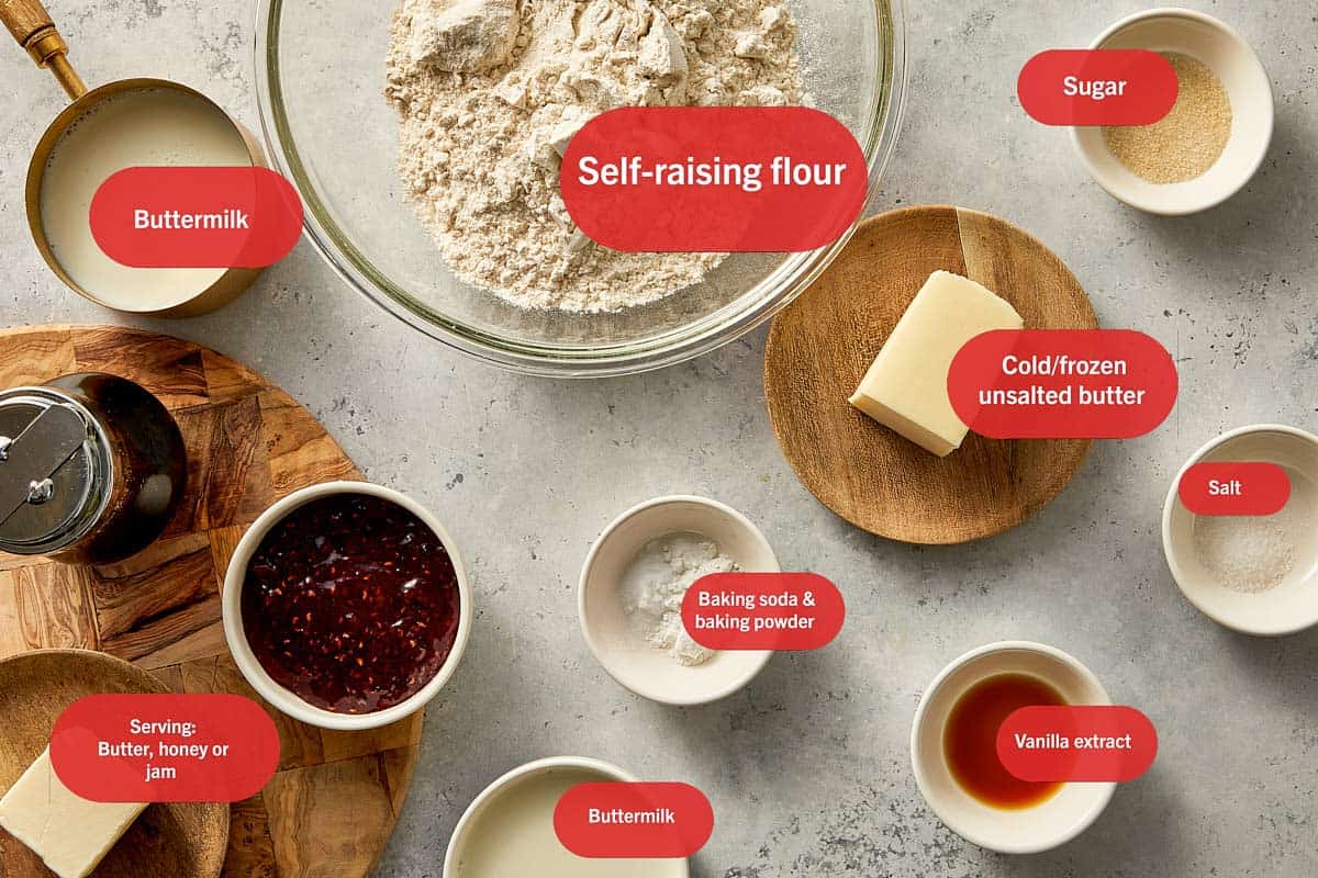 Top view of Ingredients for Buttermilk biscuits labeled in a flat surface | CafeDelites.com