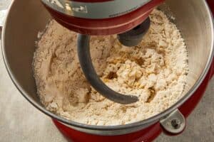 Flour, egg, and salt added into a stand mixer bowl for garlic roll dough