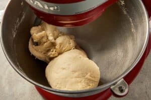 Soft dough kneading in a stand mixer with dough hook attached
