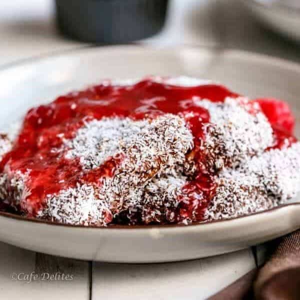 A shot of Lamington Bread with Raspberry Syrup