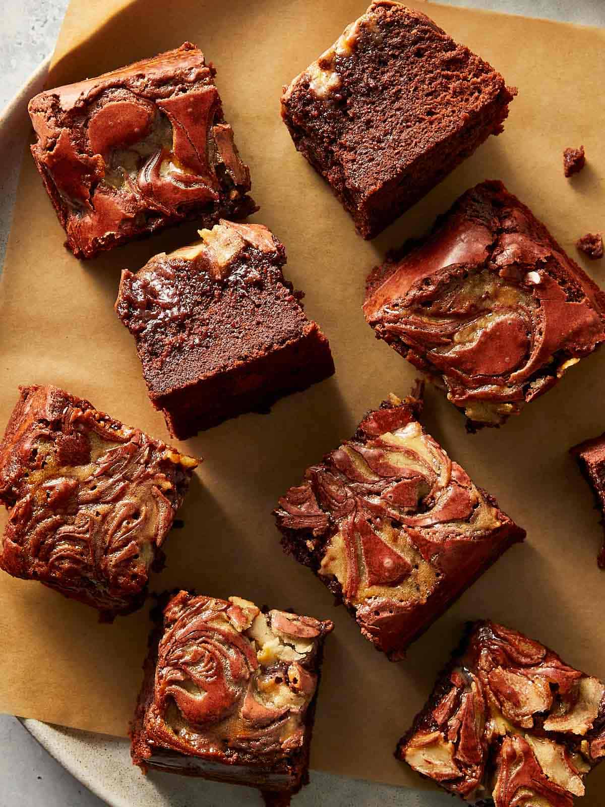 table with red velvet brownies ready to eat