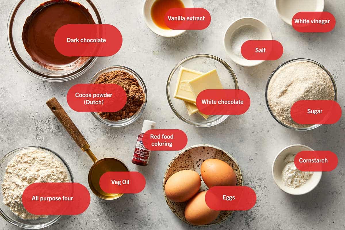 Ingredients for red velvet brownies in a white surface