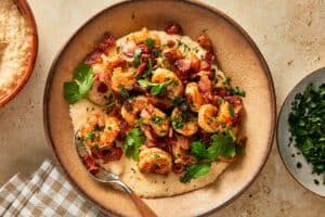 Top view of shrimp and grits served ready to eat