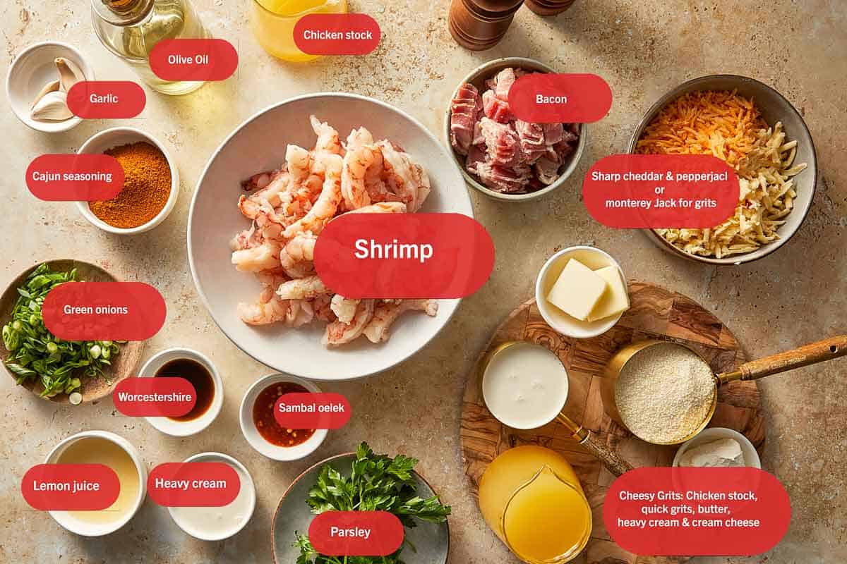Top View of Ingredients for shrimp and grits labeled