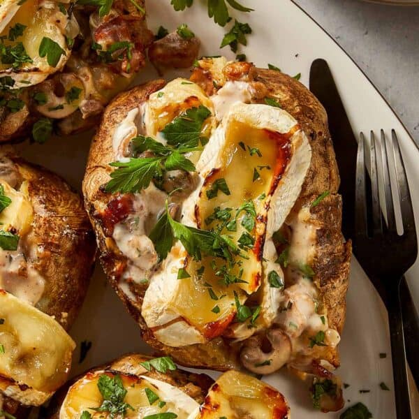 Close Up of Loaded baked potatoes in a plate ready to eat