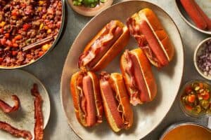 Bun with crispy bacon and the sausage