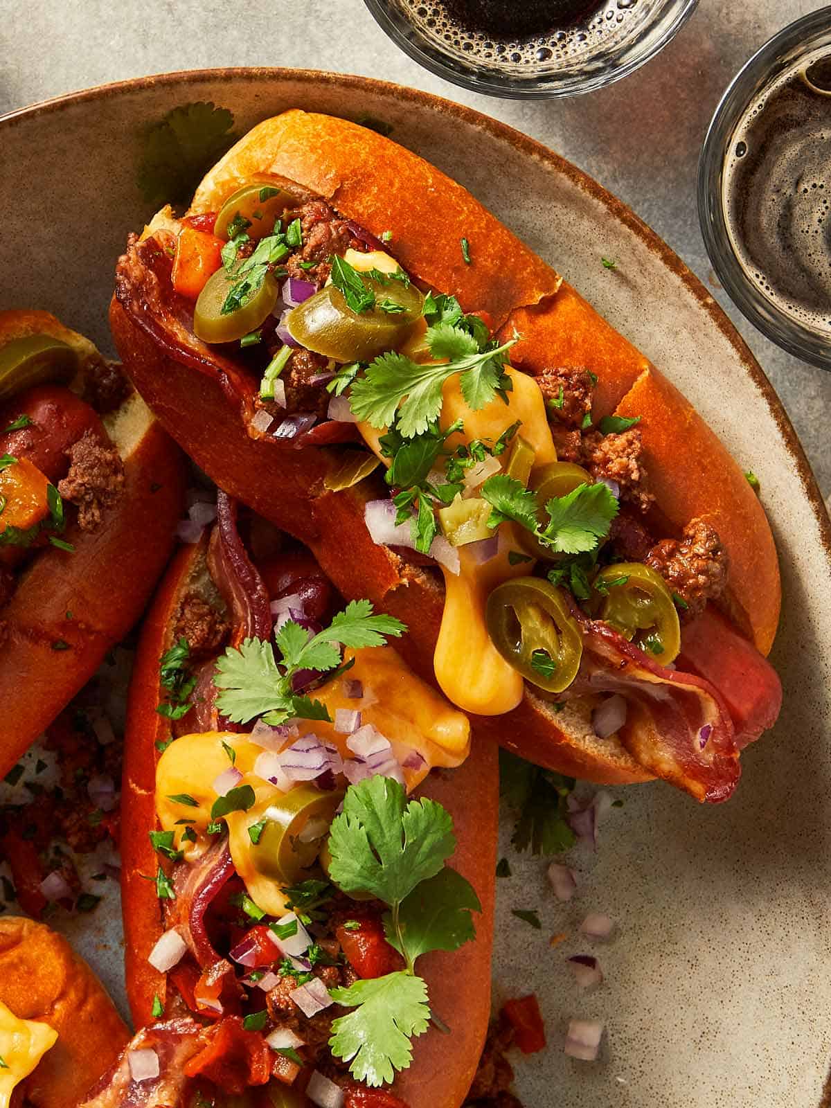 Close Up of Chili Dogs