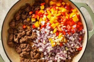 minced beef in a pan with aromatics