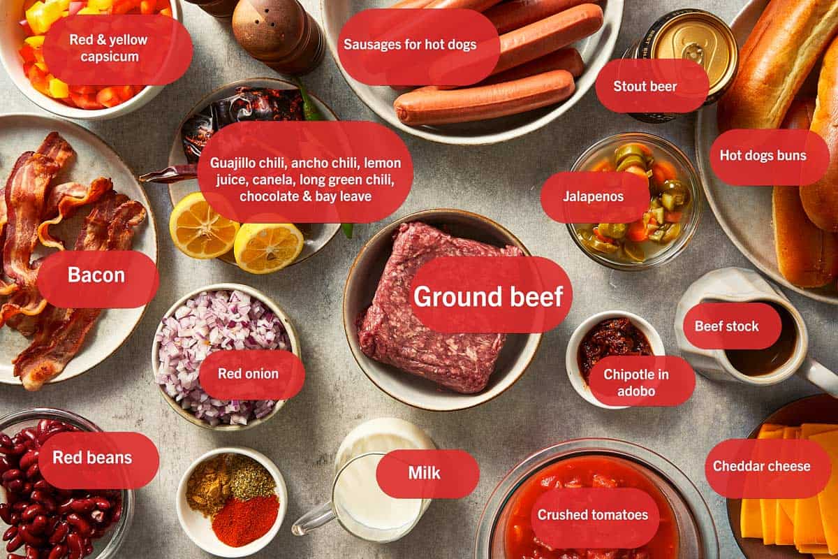 Ingredients for Chili Dogs labeled in a table