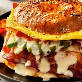 Finished bagel ready to eat in a plate