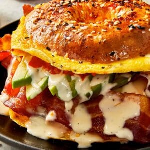Finished bagel ready to eat in a plate