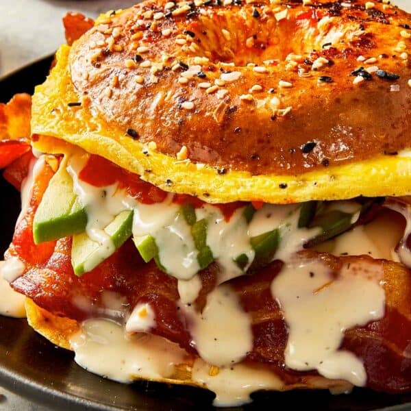 Finished bagel ready to eat in a plate