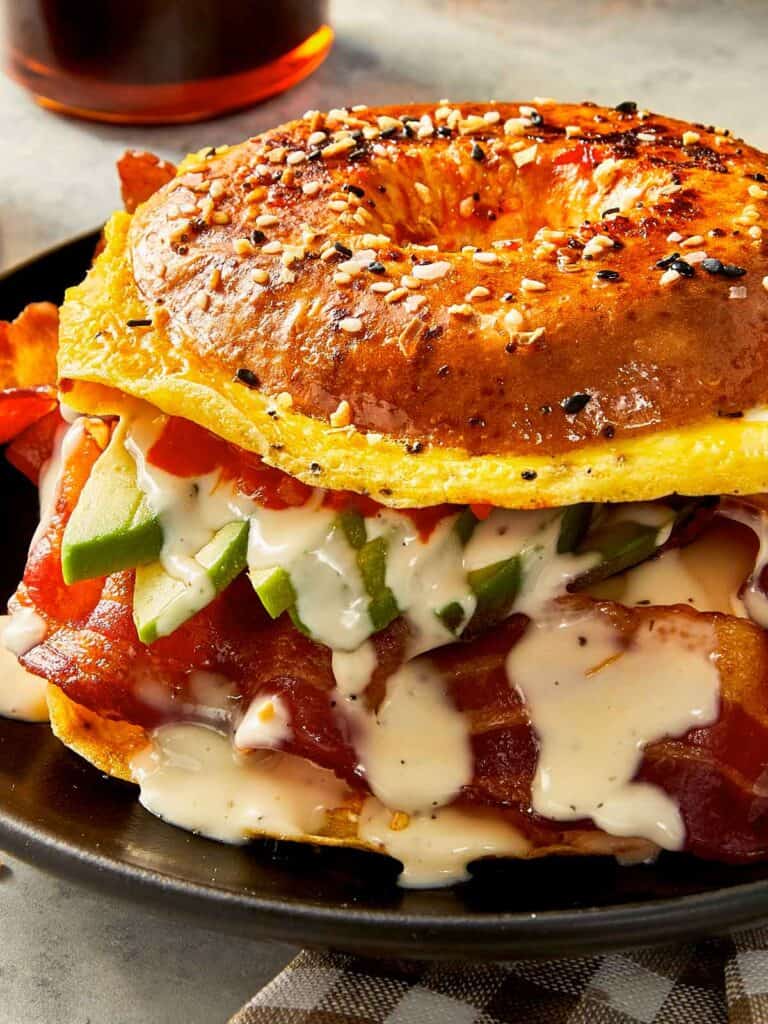 Finished bagel ready to eat in a plate